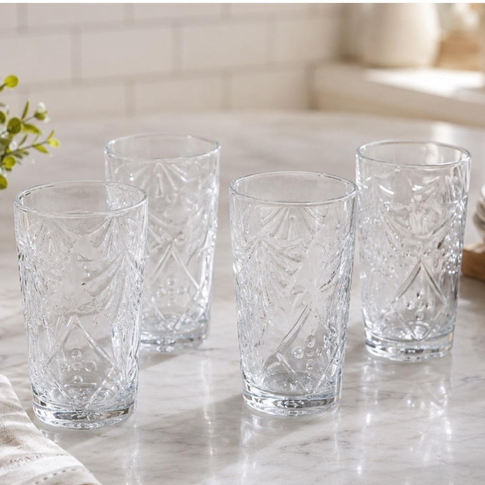 Set of 4 Martha Stewart Ice Tea Glasses Tumblers Etched Glass Clear Glass Rare